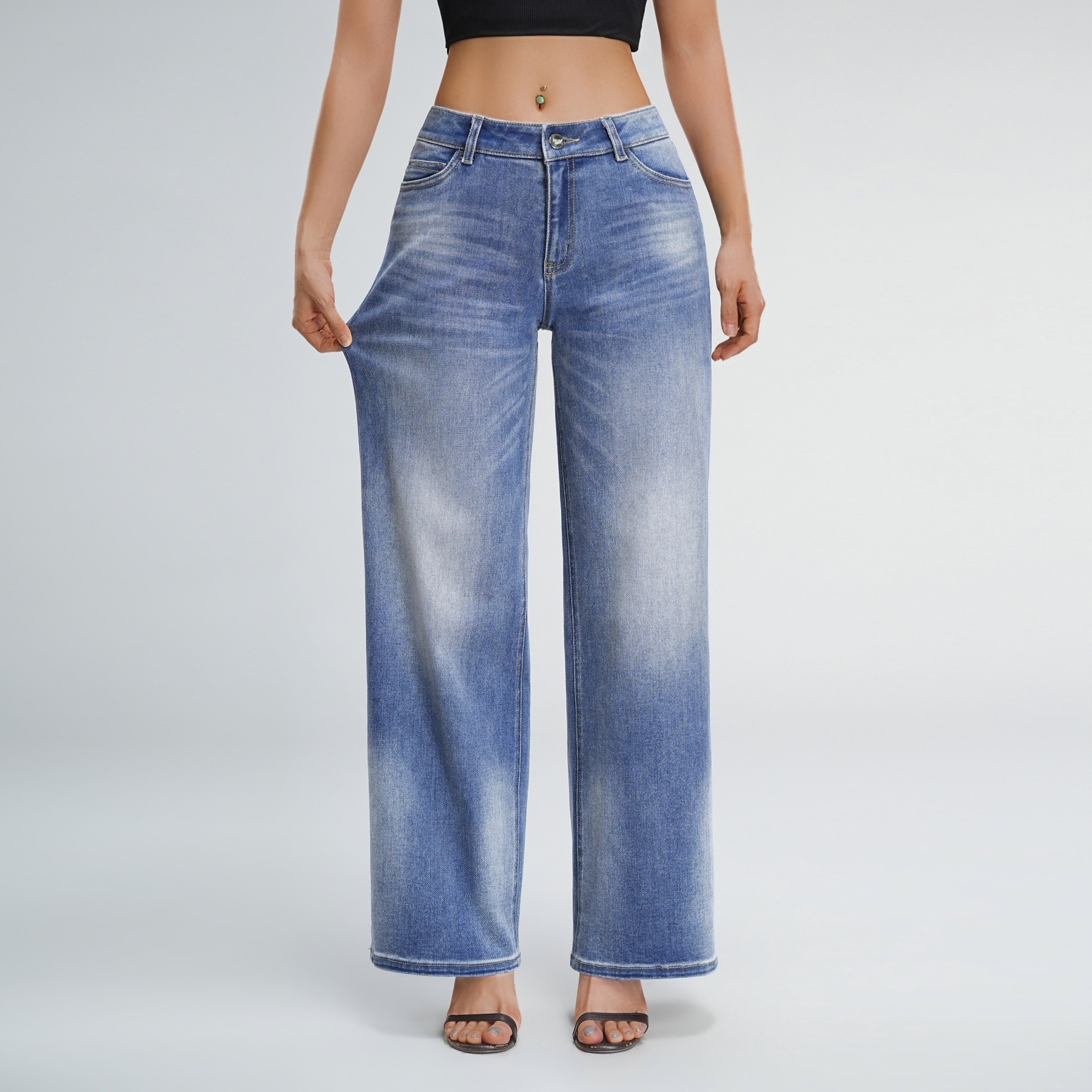 Front view of MIGELUN dark blue wide-leg jeans