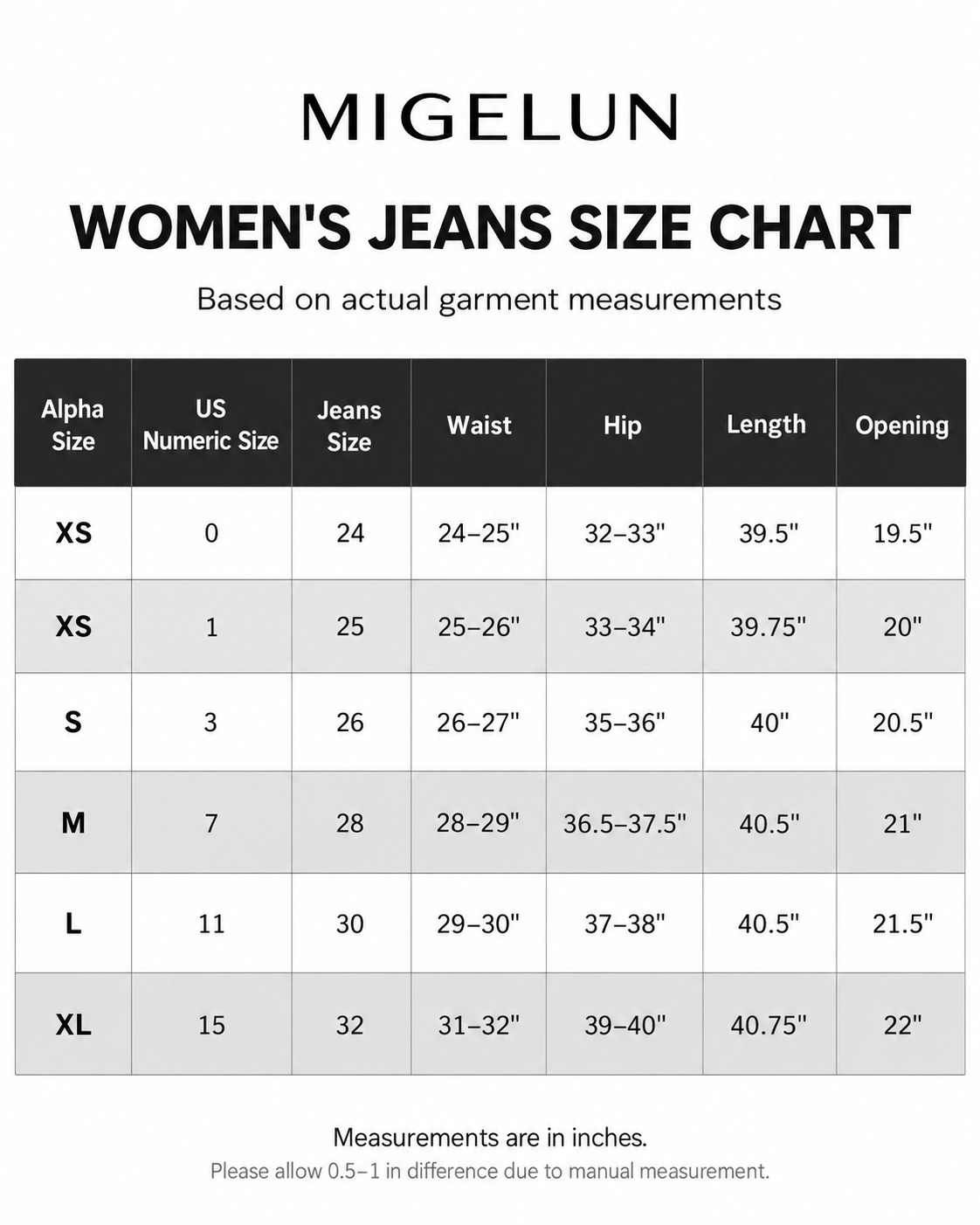 MIGELUN women's jeans size chart